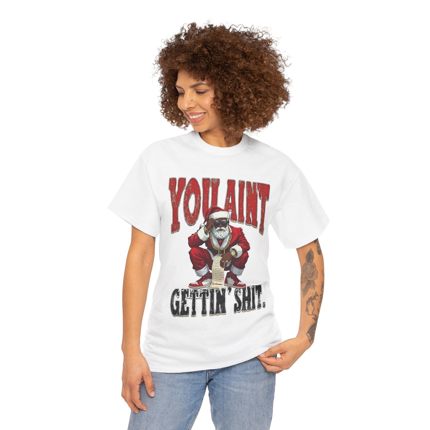 Black Santa “You Ain’t Gettin’ Shit” Christmas Shirt • Funny Holiday Tee, Sweatshirt, Hoodie • Gildan Unisex S–5XL🎄✨