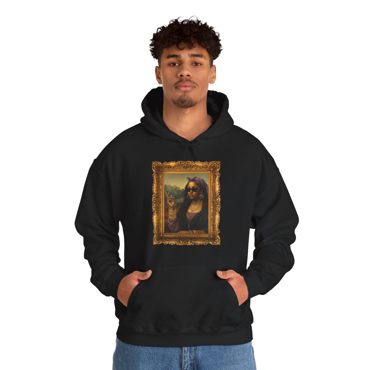 Monét Leisha Black Mona Lisa Hoodie, Sweatshirt & T-Shirt| Modern African American Art Streetwear | Vintage Gold Frame Design