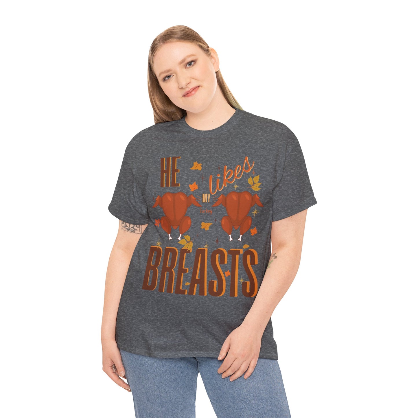 Funny Thanksgiving Couple Shirts – “She Likes My Drumstick” & “He Likes My Turkey Breasts” | Unisex Heavy Cotton Fall Tees