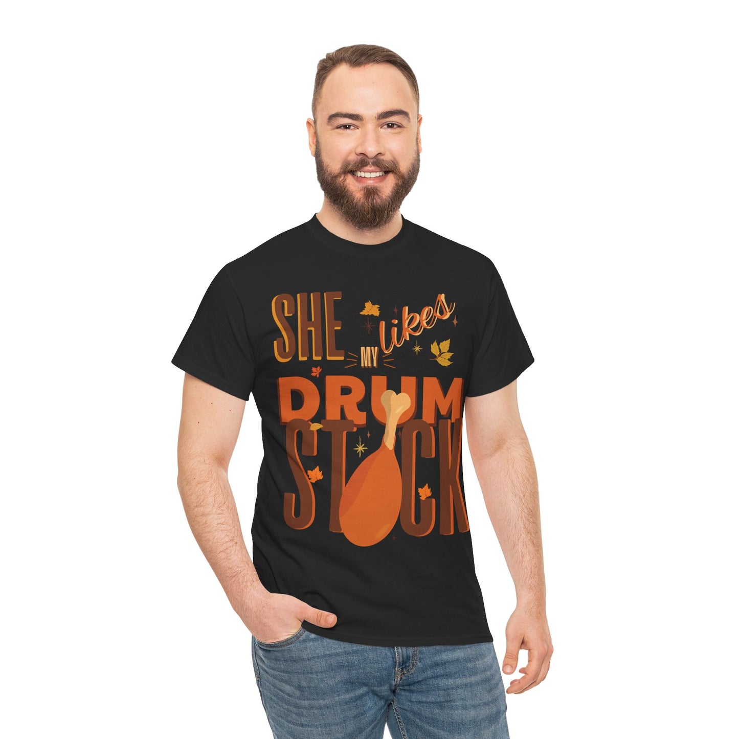 Funny Thanksgiving Couple Shirts – “She Likes My Drumstick” & “He Likes My Turkey Breasts” | Unisex Heavy Cotton Fall Tees