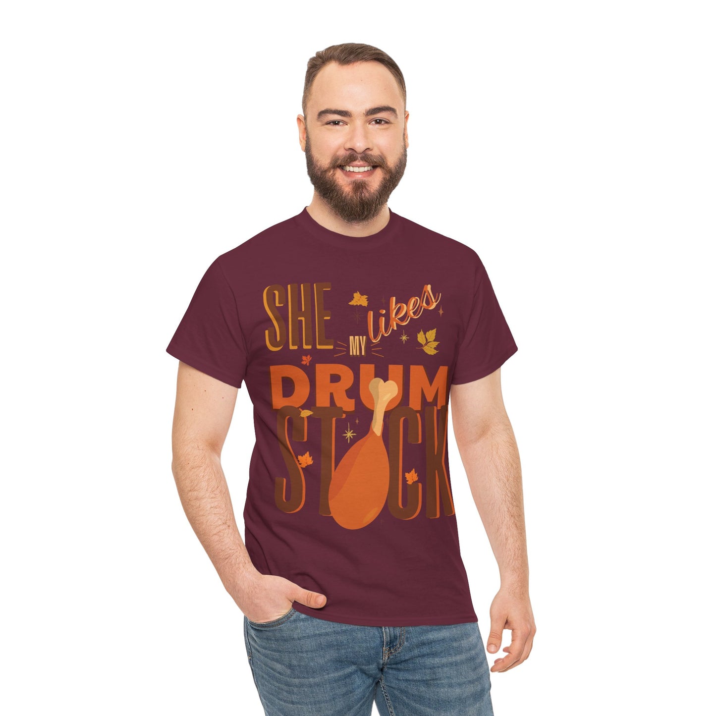 Funny Thanksgiving Couple Shirts – “She Likes My Drumstick” & “He Likes My Turkey Breasts” | Unisex Heavy Cotton Fall Tees