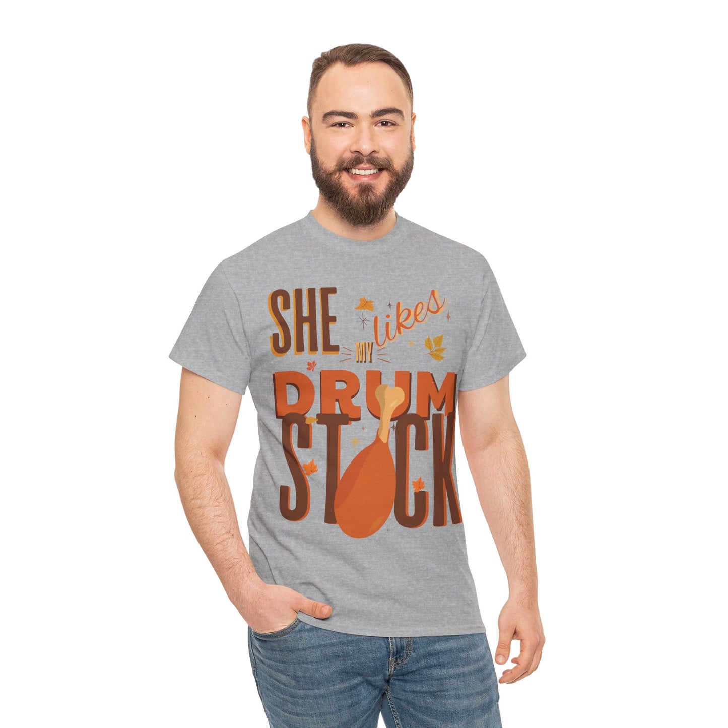Funny Thanksgiving Couple Shirts – “She Likes My Drumstick” & “He Likes My Turkey Breasts” | Unisex Heavy Cotton Fall Tees