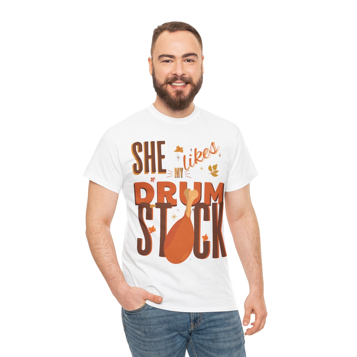 Funny Thanksgiving Couple Shirts – “She Likes My Drumstick” & “He Likes My Turkey Breasts” | Unisex Heavy Cotton Fall Tees