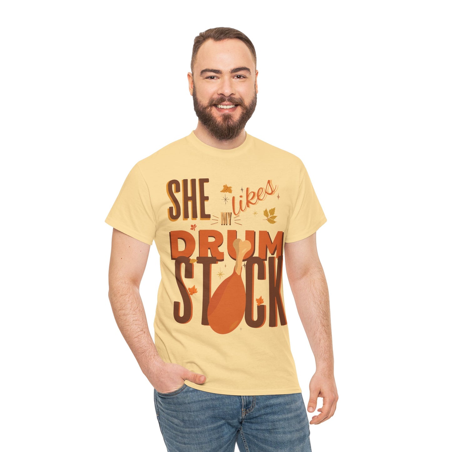Funny Thanksgiving Couple Shirts – “She Likes My Drumstick” & “He Likes My Turkey Breasts” | Unisex Heavy Cotton Fall Tees