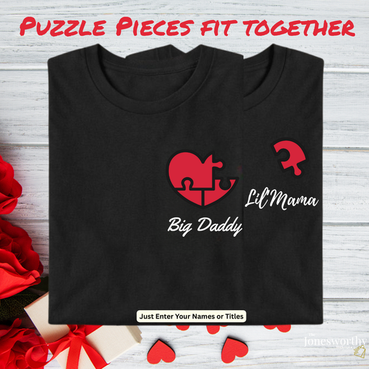Puzzle Piece Heart Couples Shirt Set • Custom Matching T-Shirts • Personalized Name Tees • Unisex Black Gildan 5000 • Valentine’s, Anniversary Gift