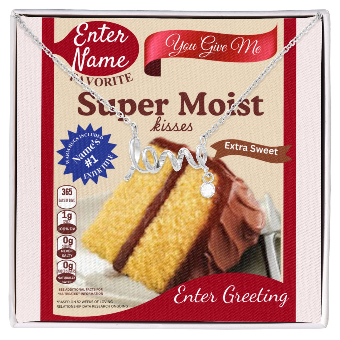 Scripted Love Necklace Gift with Funny Yellow Cake Message Card – Personalized Jewelry for Her | Valentine's Day | Anniversary | Birthday