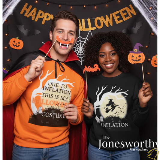 Funny Halloween Shirts | Sweatshirts | Due to Inflation Costume | Inflation, Black or Orange Unisex Tees & Crewnecks