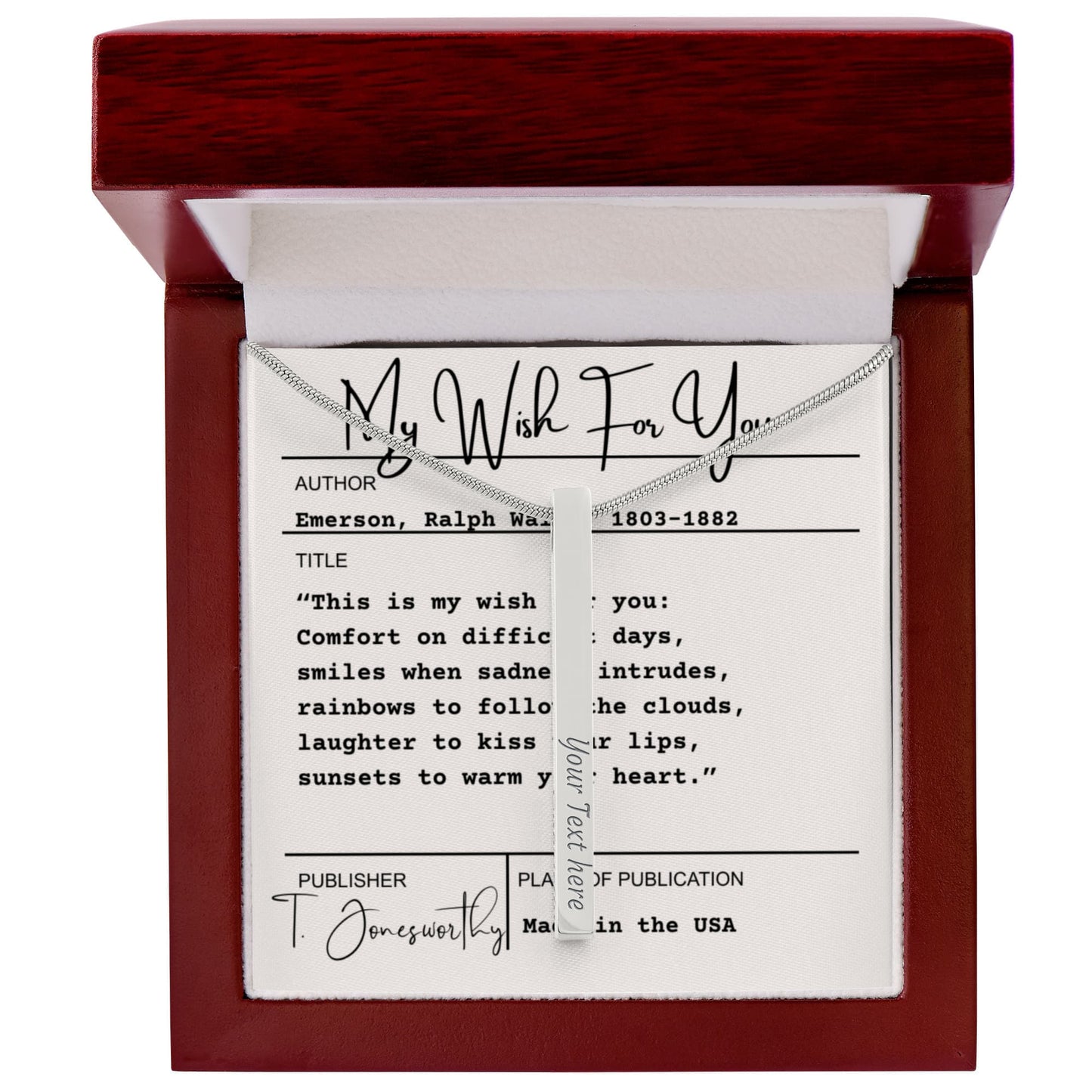 Engraved 4-Sided Minimalist Stick Necklace  |  Custom Bookmark | Personalized Bar Pendant  Gift for Readers with Emerson Quote Card |