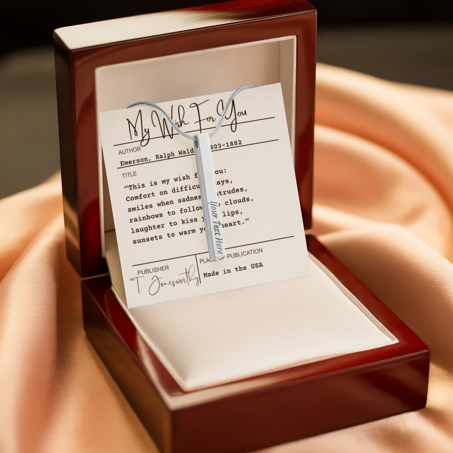 Engraved 4-Sided Minimalist Stick Necklace  |  Custom Bookmark | Personalized Bar Pendant  Gift for Readers with Emerson Quote Card |