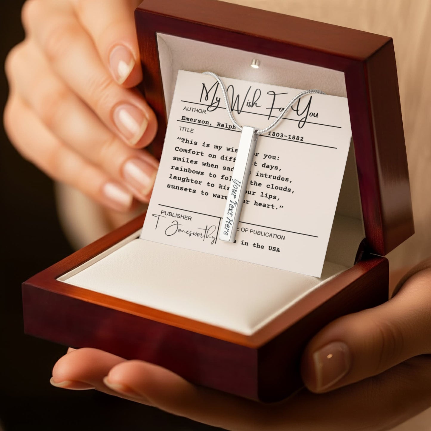 Engraved 4-Sided Minimalist Stick Necklace  |  Custom Bookmark | Personalized Bar Pendant  Gift for Readers with Emerson Quote Card |