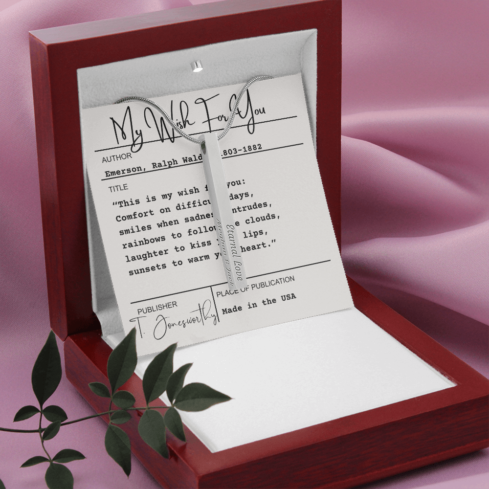 Engraved 4-Sided Minimalist Stick Necklace  |  Custom Bookmark | Personalized Bar Pendant  Gift for Readers with Emerson Quote Card |