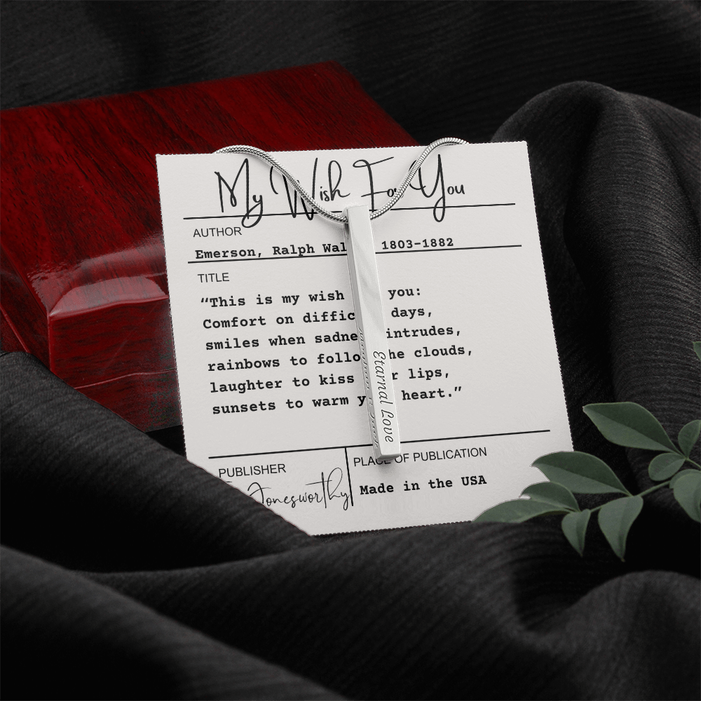 Engraved 4-Sided Minimalist Stick Necklace  |  Custom Bookmark | Personalized Bar Pendant  Gift for Readers with Emerson Quote Card |