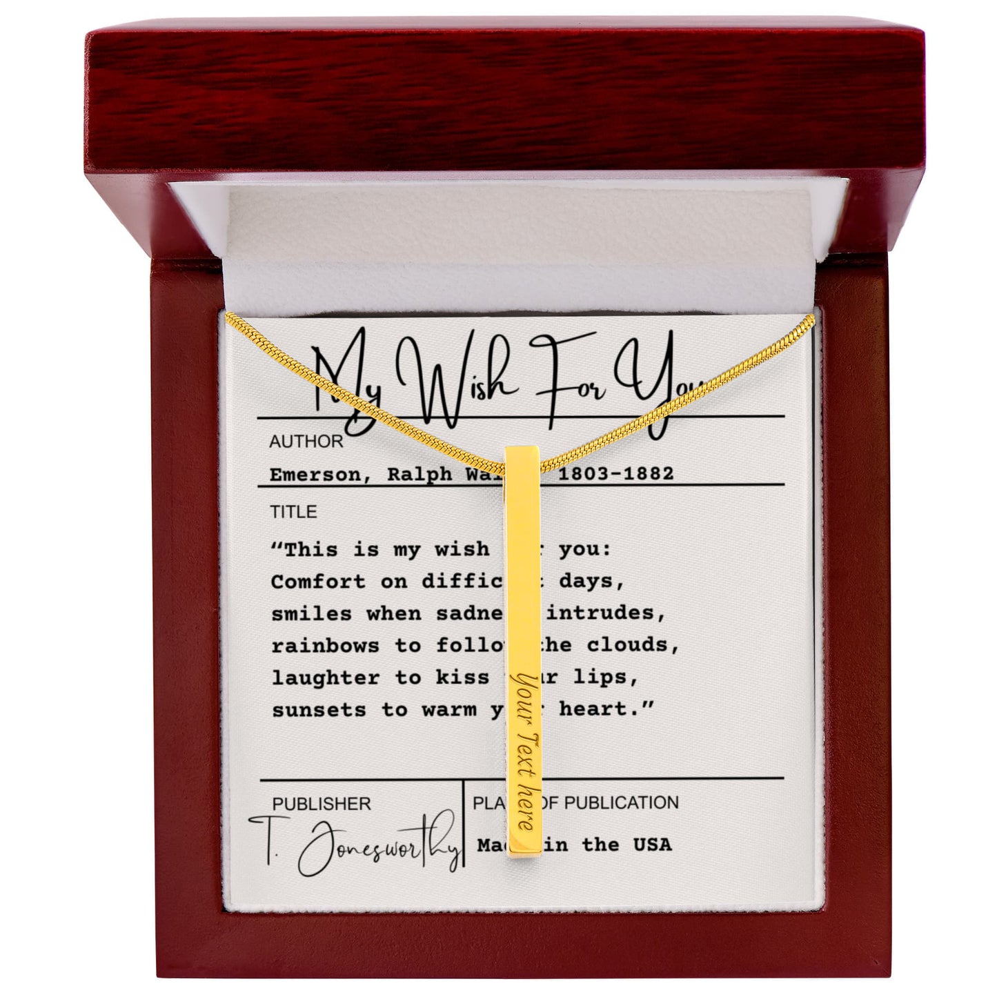 Engraved 4-Sided Minimalist Stick Necklace  |  Custom Bookmark | Personalized Bar Pendant  Gift for Readers with Emerson Quote Card |