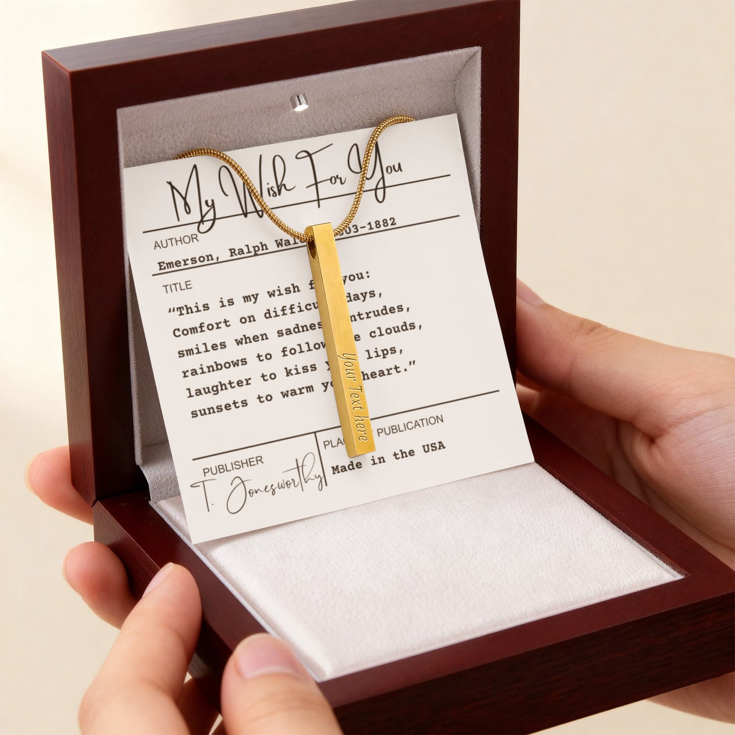 Engraved 4-Sided Minimalist Stick Necklace  |  Custom Bookmark | Personalized Bar Pendant  Gift for Readers with Emerson Quote Card |