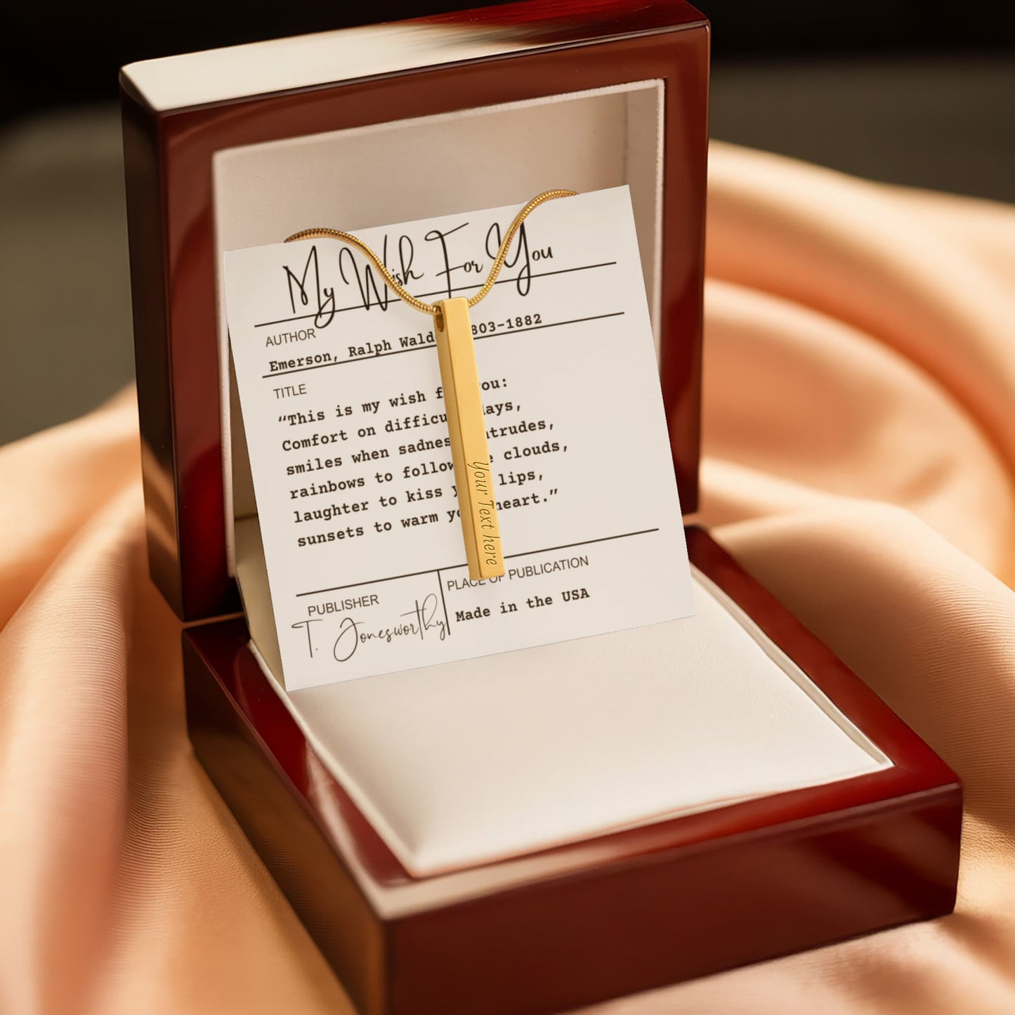 Engraved 4-Sided Minimalist Stick Necklace  |  Custom Bookmark | Personalized Bar Pendant  Gift for Readers with Emerson Quote Card |