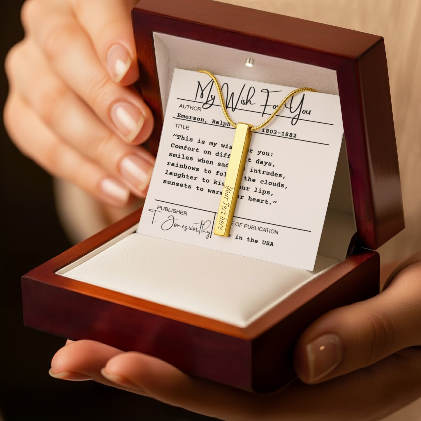 Engraved 4-Sided Minimalist Stick Necklace  |  Custom Bookmark | Personalized Bar Pendant  Gift for Readers with Emerson Quote Card |