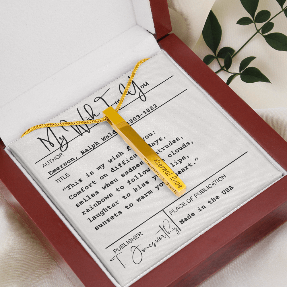 Engraved 4-Sided Minimalist Stick Necklace  |  Custom Bookmark | Personalized Bar Pendant  Gift for Readers with Emerson Quote Card |