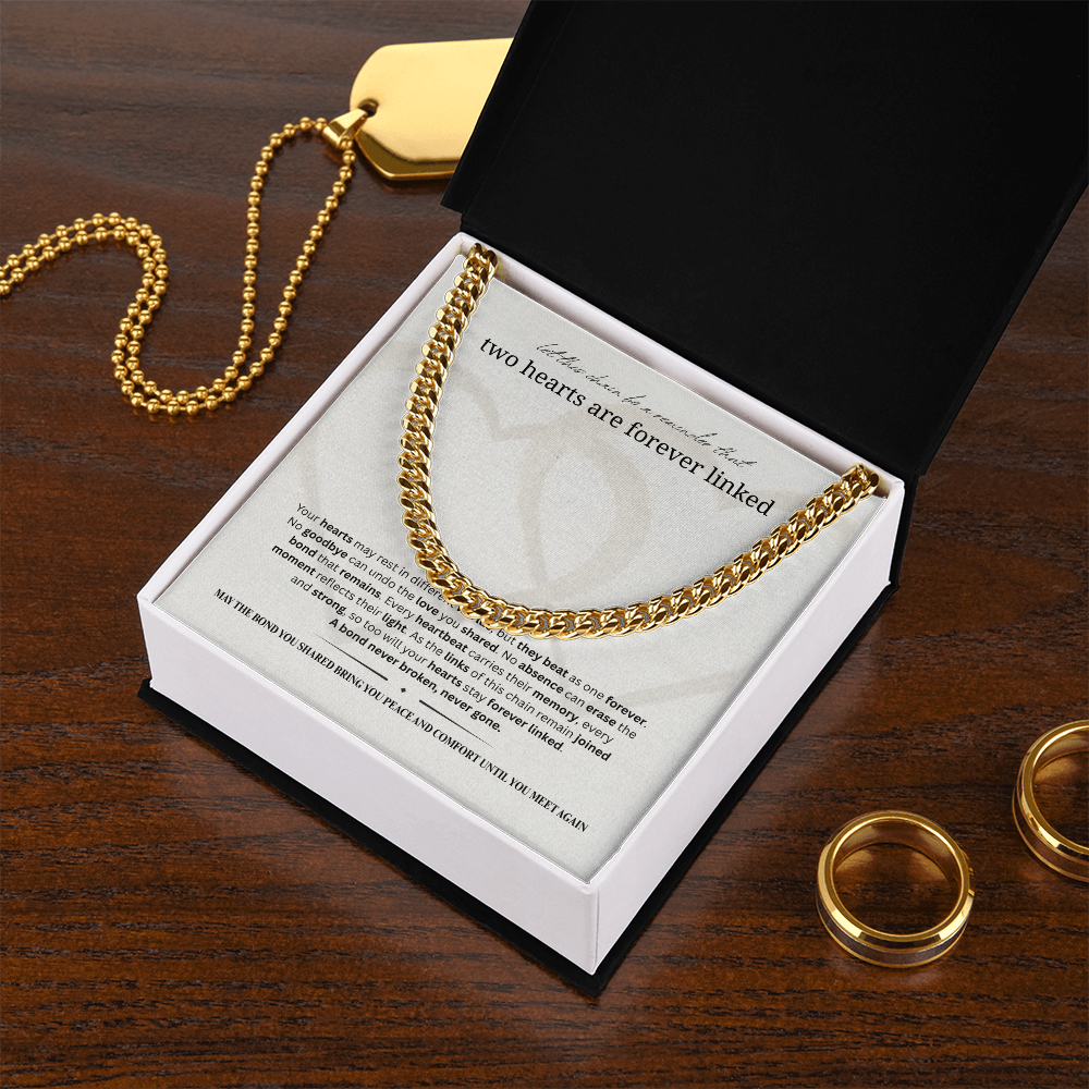 Sympathy Gift for Men | Memorial Necklace for Men |  Cuban Link Chain |  Two Hearts Are Forever Linked  | Stainless Steel or 18K Gold