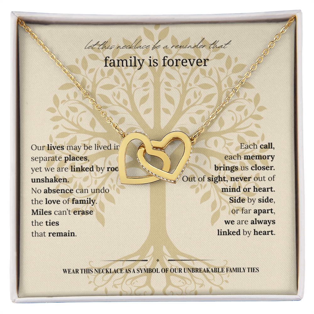 Gift for Mom, Daughter, or Sister | Family Is Forever Necklace | Interlocking Hearts with Message Card |14K White or 18K Yellow Gold Finish