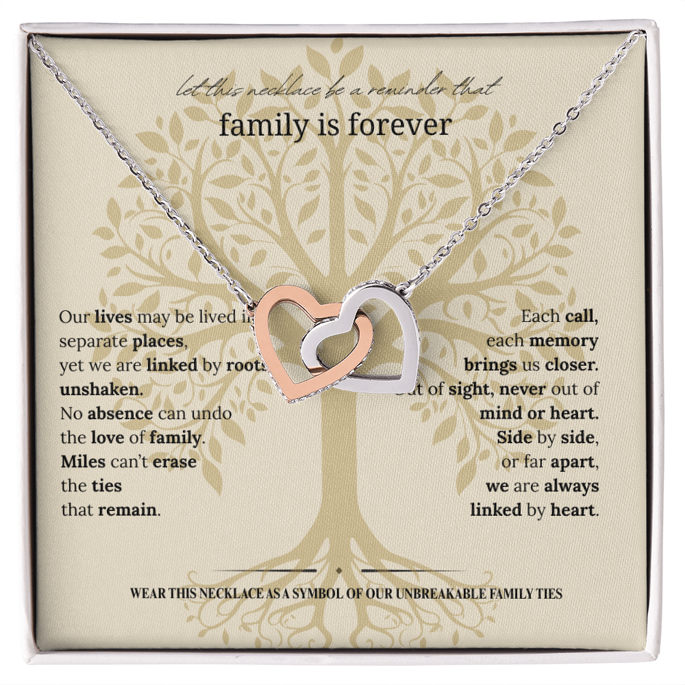 Gift for Mom, Daughter, or Sister | Family Is Forever Necklace | Interlocking Hearts with Message Card |14K White or 18K Yellow Gold Finish