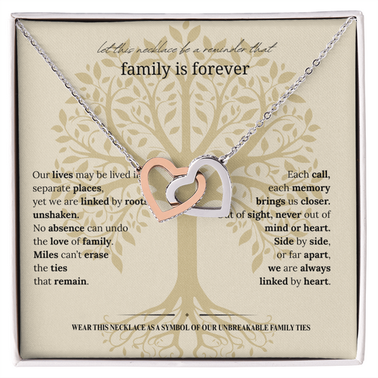 Gift for Mom, Daughter, or Sister | Family Is Forever Necklace | Interlocking Hearts with Message Card |14K White or 18K Yellow Gold Finish