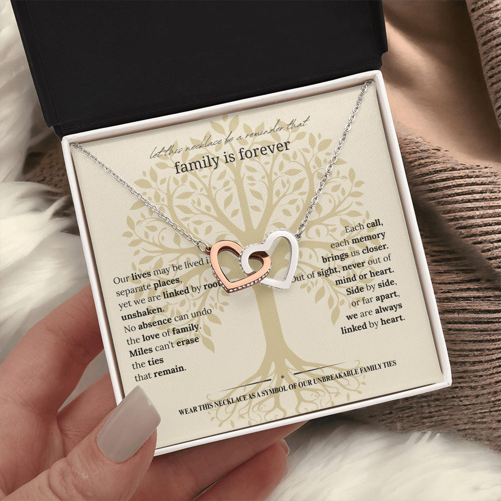 Gift for Mom, Daughter, or Sister | Family Is Forever Necklace | Interlocking Hearts with Message Card |14K White or 18K Yellow Gold Finish