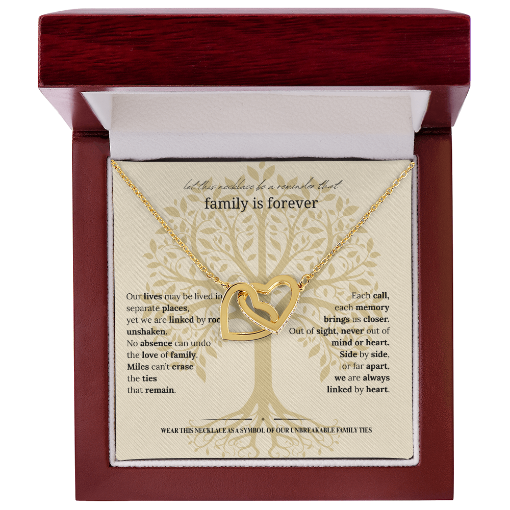 Gift for Mom, Daughter, or Sister | Family Is Forever Necklace | Interlocking Hearts with Message Card |14K White or 18K Yellow Gold Finish