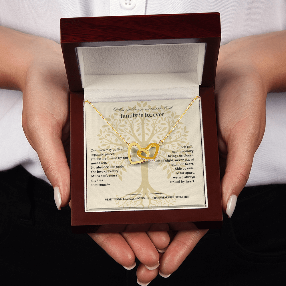 Gift for Mom, Daughter, or Sister | Family Is Forever Necklace | Interlocking Hearts with Message Card |14K White or 18K Yellow Gold Finish