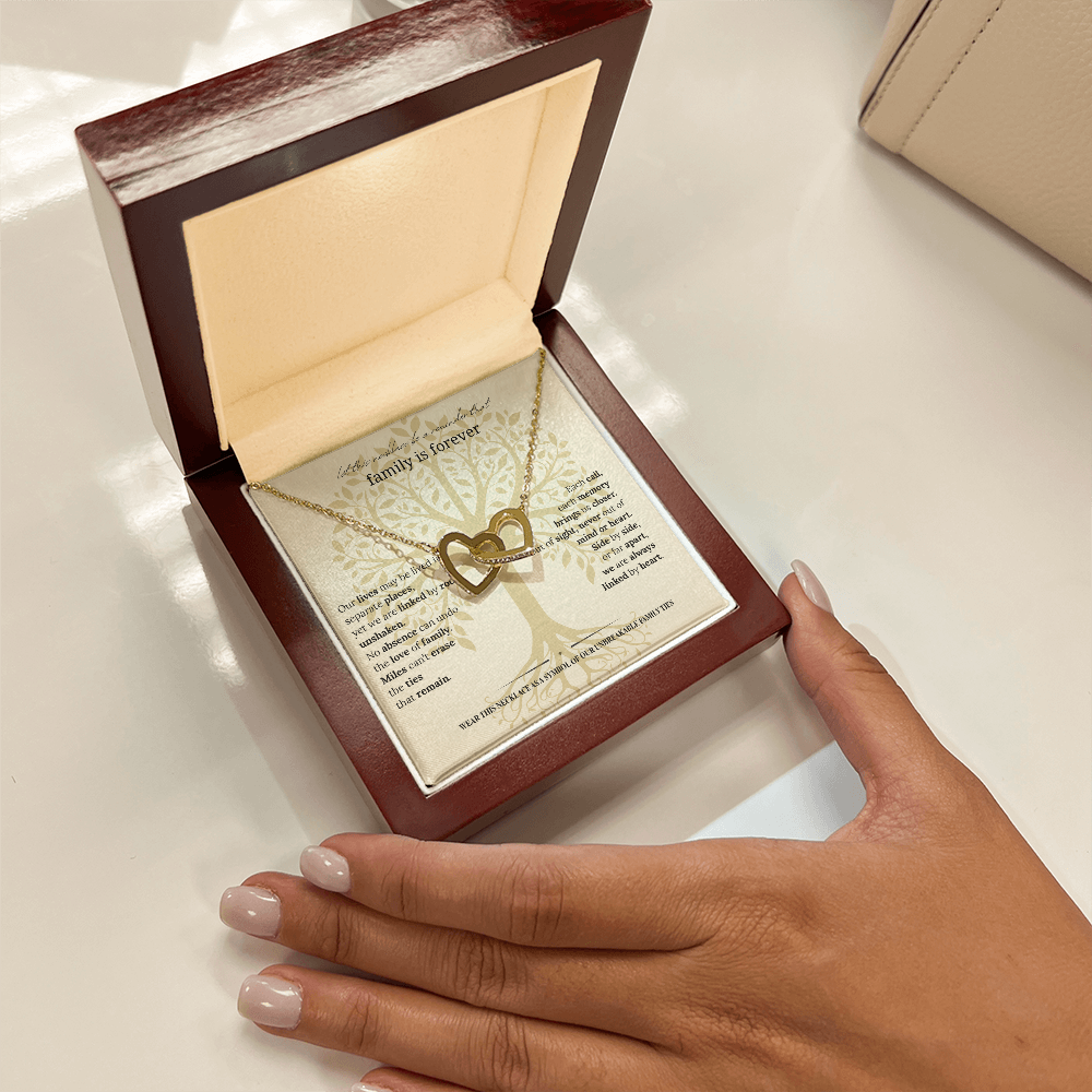 Gift for Mom, Daughter, or Sister | Family Is Forever Necklace | Interlocking Hearts with Message Card |14K White or 18K Yellow Gold Finish