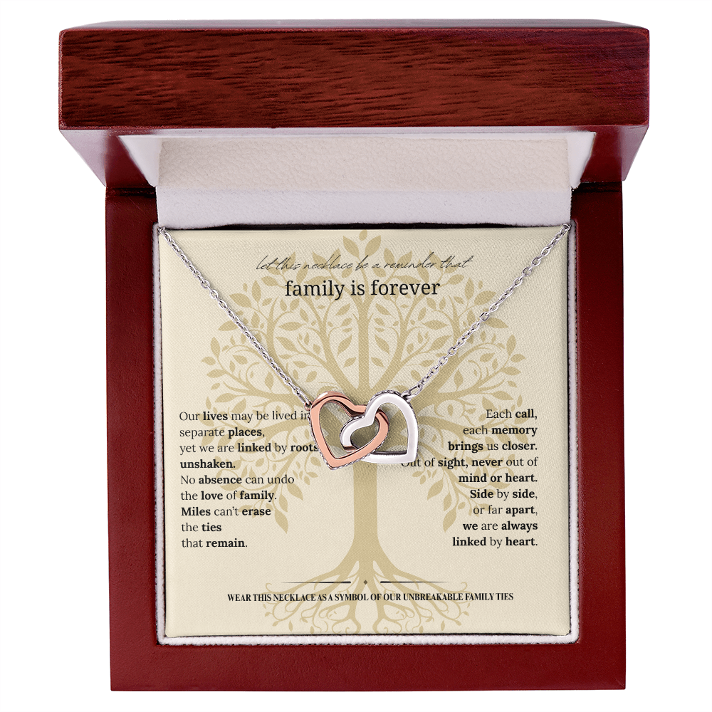 Gift for Mom, Daughter, or Sister | Family Is Forever Necklace | Interlocking Hearts with Message Card |14K White or 18K Yellow Gold Finish