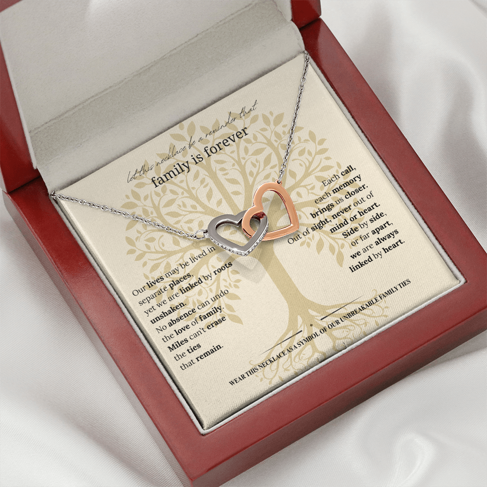 Gift for Mom, Daughter, or Sister | Family Is Forever Necklace | Interlocking Hearts with Message Card |14K White or 18K Yellow Gold Finish