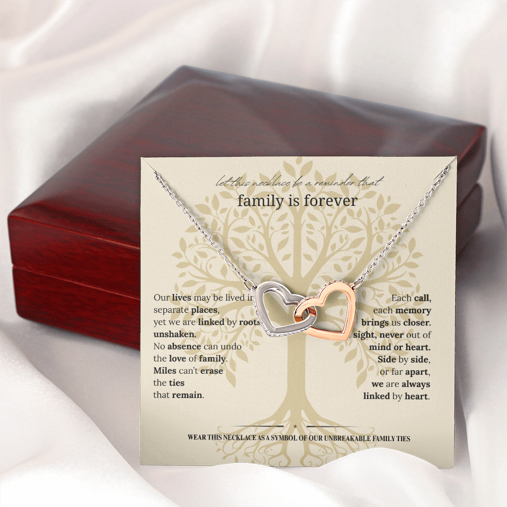 Gift for Mom, Daughter, or Sister | Family Is Forever Necklace | Interlocking Hearts with Message Card |14K White or 18K Yellow Gold Finish