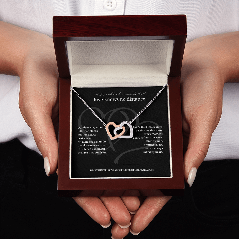 Long Distance Girlfriend Gift | Interlocking Hearts Necklace | Long Distance Love Gift for Her |14K White or 18K Yellow Gold Finish