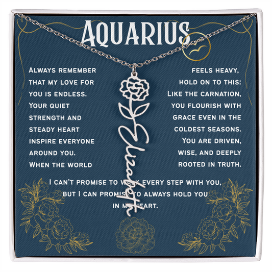 Aquarius Personalized Name Necklace – Carnation Birth Flower – January