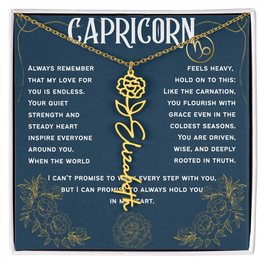 Capricorn Personalized Name Necklace – Carnation Birth Flower – January