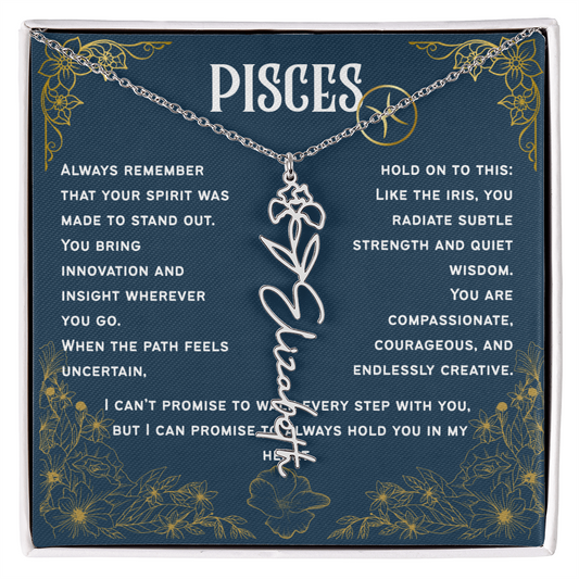 Pisces Personalized Name Necklace – Iris Birth Flower – February