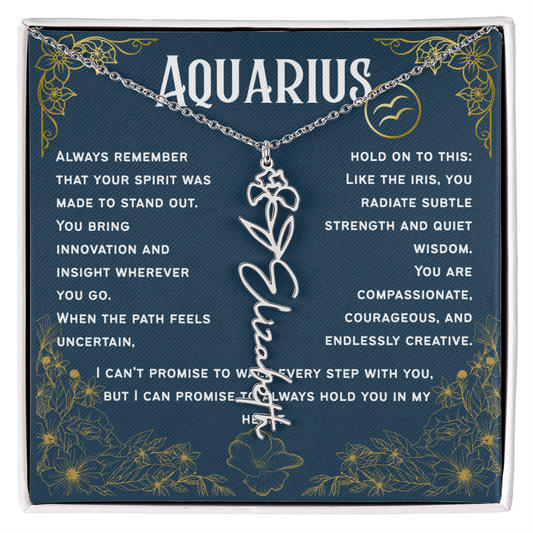 Aquarius Personalized Name Necklace – Iris Birth Flower – February
