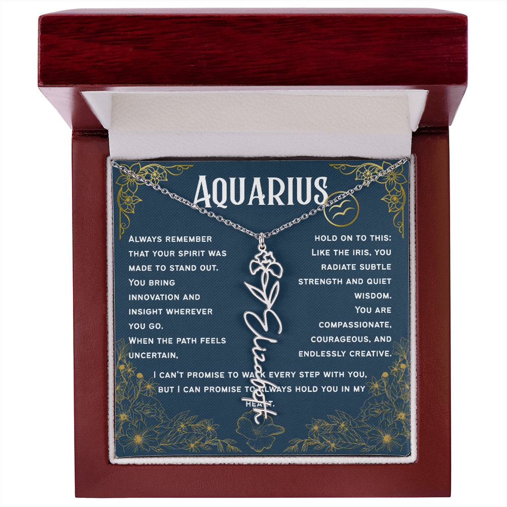 Aquarius Personalized Name Necklace – Iris Birth Flower – February
