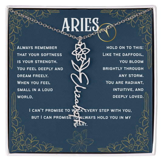 Aries Personalized Name Necklace – Daffodil Birth Flower – March