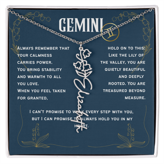Gemini Personalized Name Necklace – Lily of the Valley Birth Flower – May