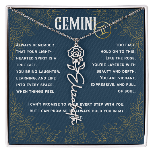 Gemini Personalized Name Necklace – Rose Birth Flower – June