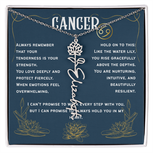 Cancer Personalized Name Necklace – Water Lily Birth Flower – July