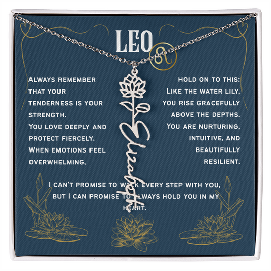 Leo Personalized Name Necklace – Water Lily Birth Flower – July