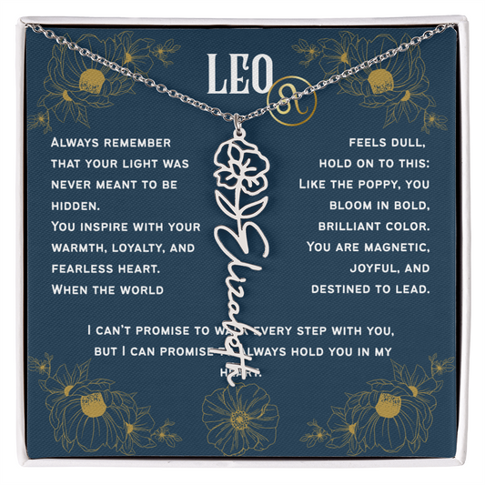 Leo Personalized Name Necklace – Poppy Birth Flower – August
