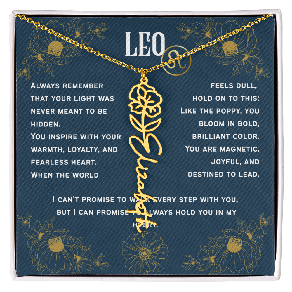Leo Personalized Name Necklace – Poppy Birth Flower – August