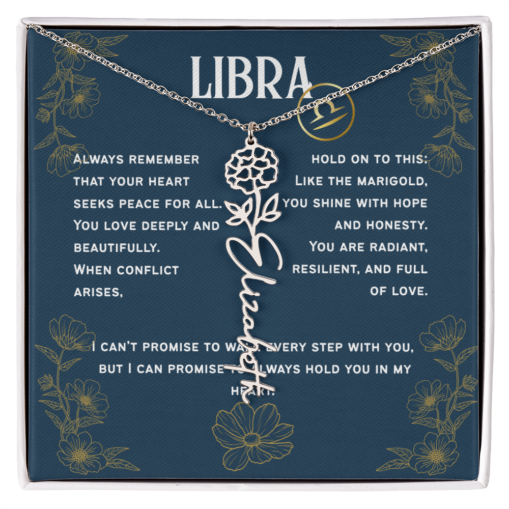 Libra Personalized Name Necklace – Marigold Birth Flower – October