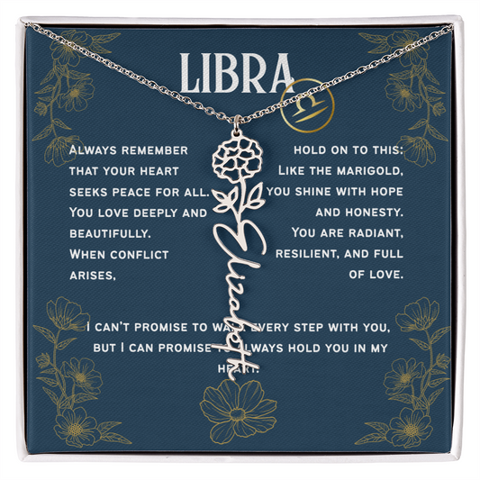 Libra Personalized Name Necklace – Marigold Birth Flower – October