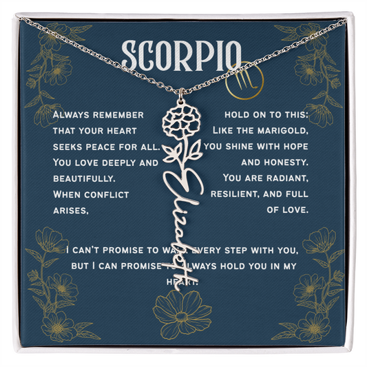 Scorpio Personalized Name Necklace – Marigold Birth Flower – October