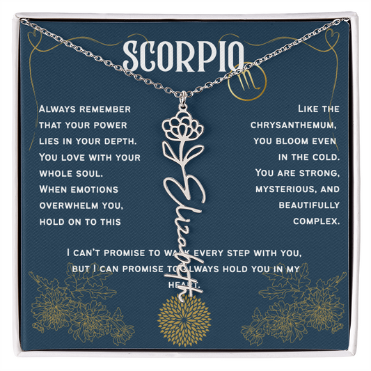 Scorpio Personalized Name Necklace – Chrysanthemum Birth Flower – November