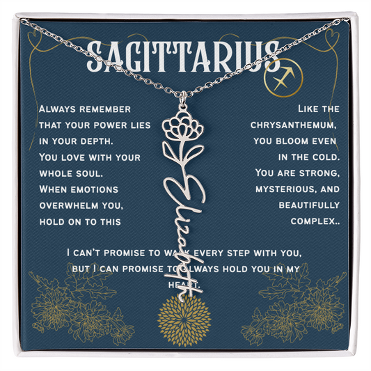Sagittarius Personalized Name Necklace – Chrysanthemum Birth Flower – November